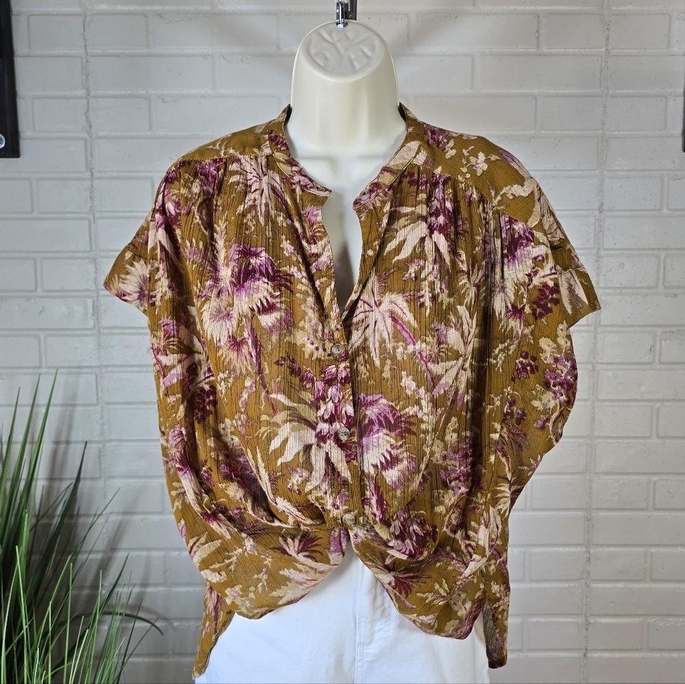 Pilcro Mustard Floral Button Front Blouse Oversized Extra Small